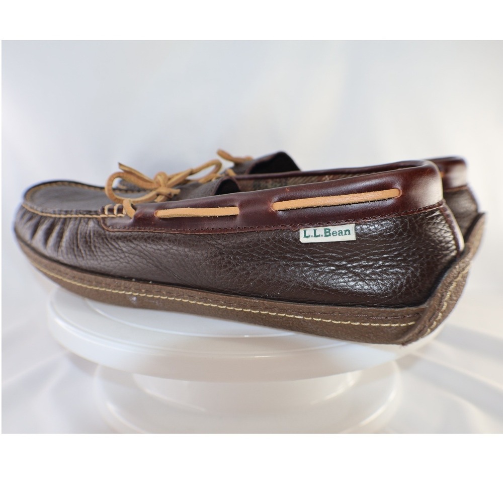 LL Bean Mens Wicked Good Lodge Moccasins Brown Leather Slippers 13 Wide